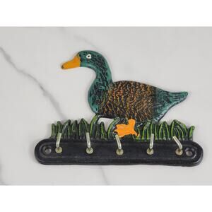 Small Wall Key Hook Duck Ducking 5 1/2" Retro Cast Iron 80's 5 Hooks Vintage